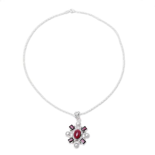 Alternate image for Garnet and Cultured Pearl Pendant Necklace from India Alluring Style