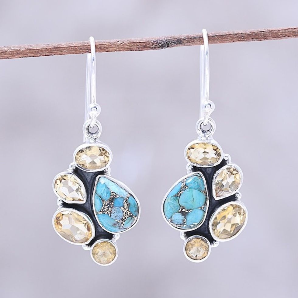 Citrine and Composite Turquoise Dangle Earrings from India 'Golden Fusion'