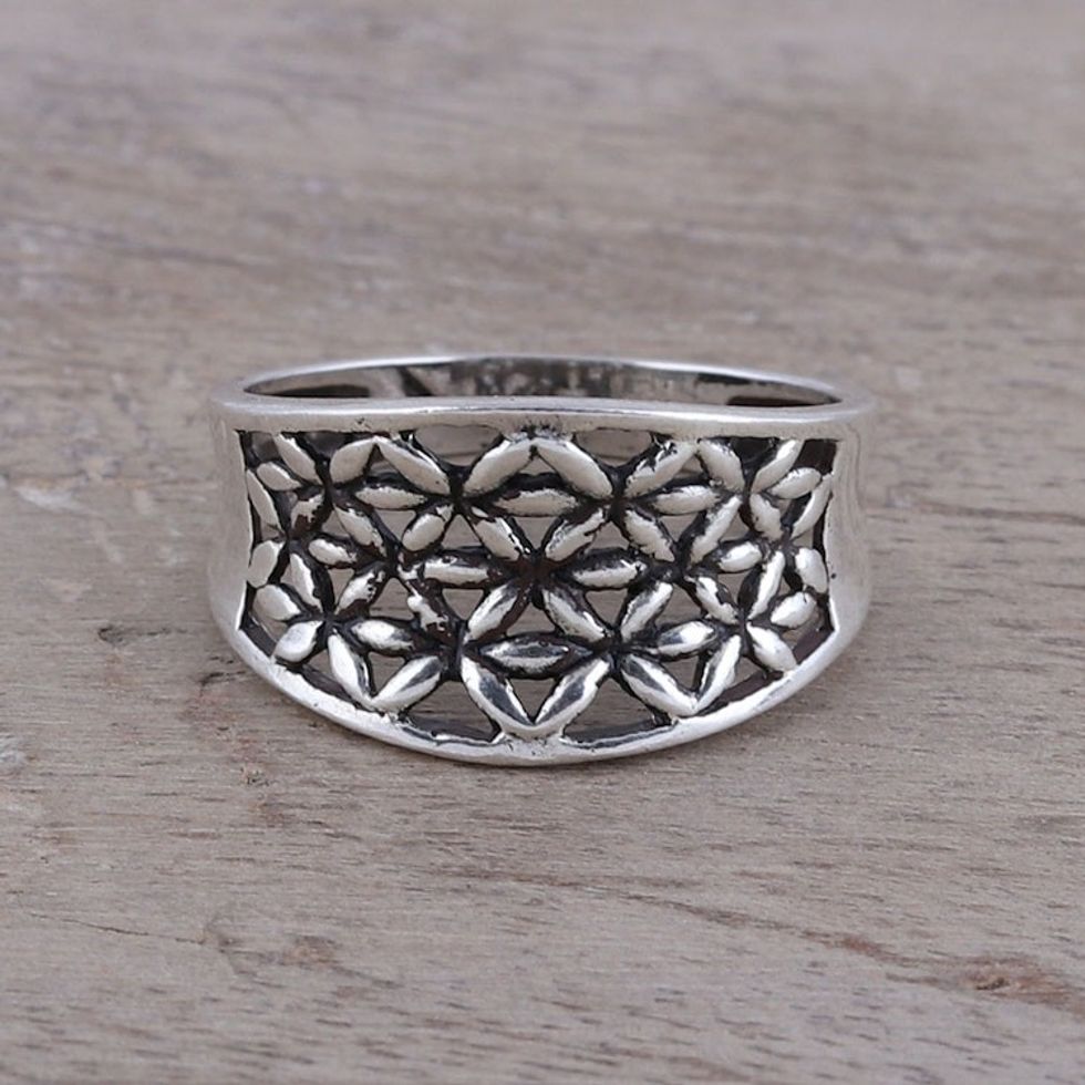 Openwork Pattern Sterling Silver Band Ring from India 'Floral Lattice'