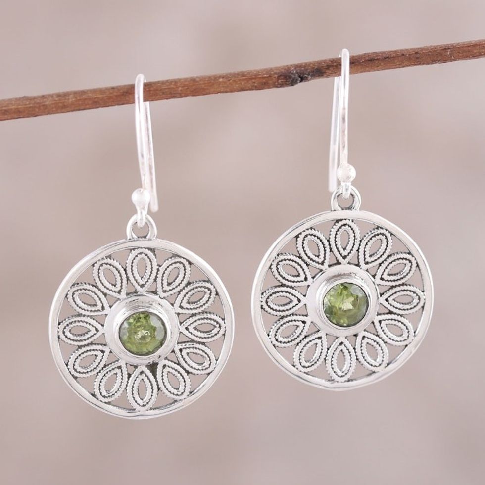Peridot and Sterling Silver Flower Circle Dangle Earrings 'Elegant Daisy'