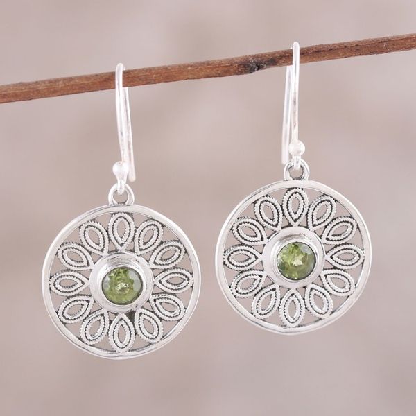 Alternate image for Peridot and Sterling Silver Flower Circle Dangle Earrings Elegant Daisy