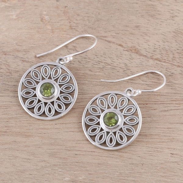 Alternate image for Peridot and Sterling Silver Flower Circle Dangle Earrings Elegant Daisy