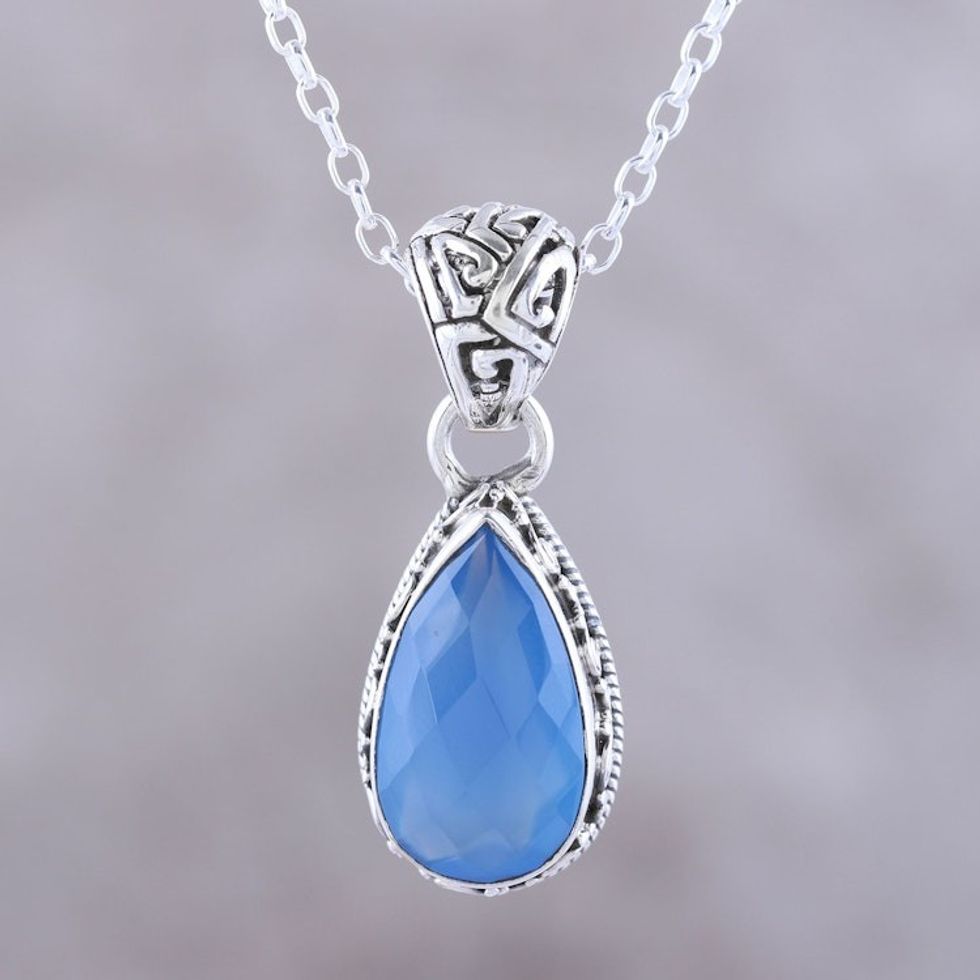 Teardrop Chalcedony Pendant Necklace in Blue from India 'Blue Mist'