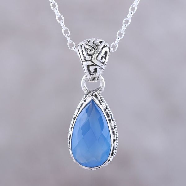 Alternate image for Teardrop Chalcedony Pendant Necklace in Blue from India Blue Mist