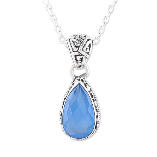 Alternate image for Teardrop Chalcedony Pendant Necklace in Blue from India Blue Mist