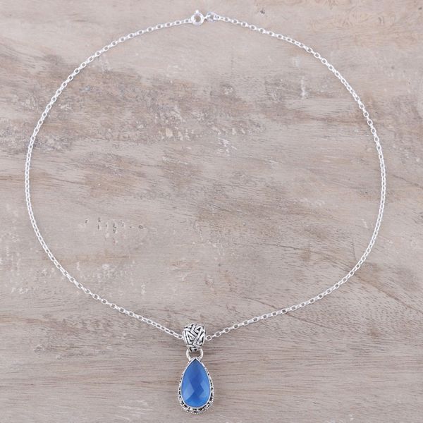 Alternate image for Teardrop Chalcedony Pendant Necklace in Blue from India Blue Mist