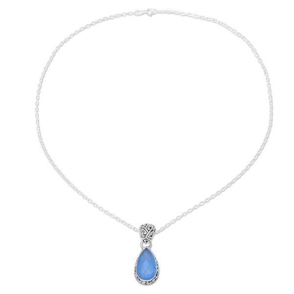 Alternate image for Teardrop Chalcedony Pendant Necklace in Blue from India Blue Mist