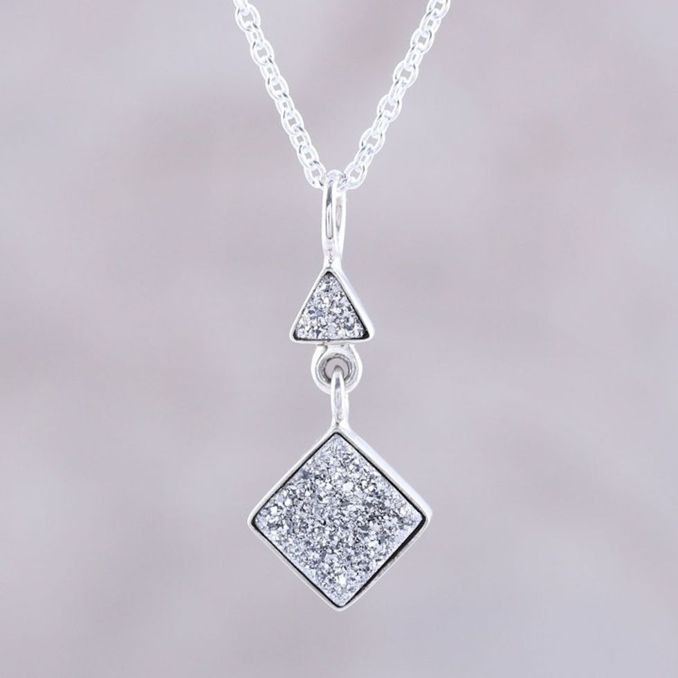 Sterling Silver Geometric Drusy Quartz Pendant Necklace 'Sparkling Harmony'
