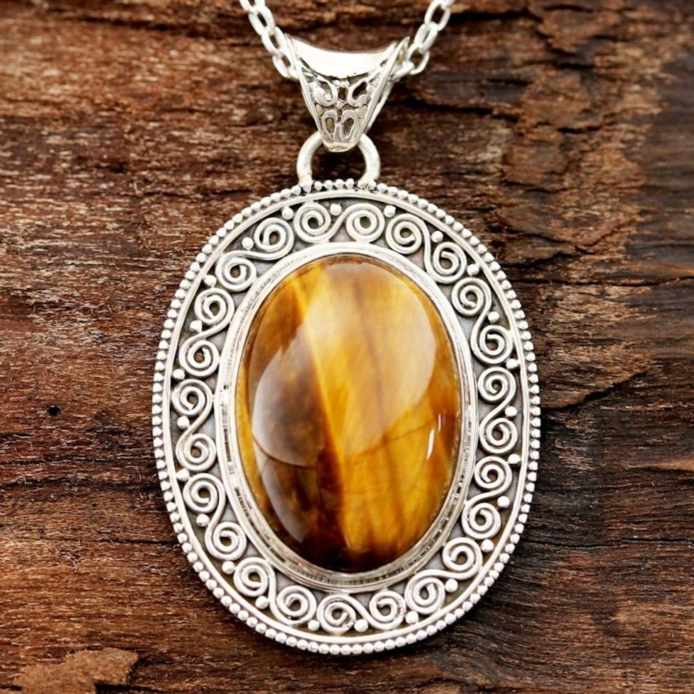 Oval Tiger's Eye Pendant Necklace from India 'Dancing Earth'