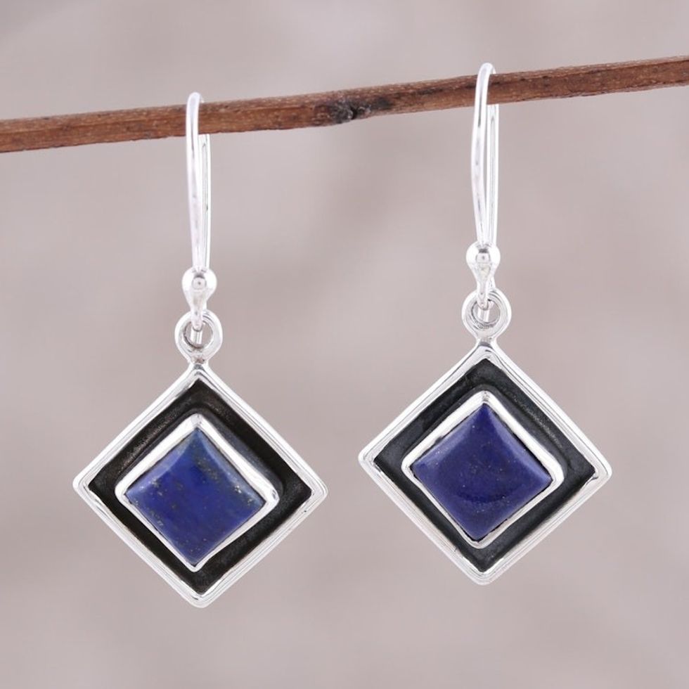 Blue Lapis Lazuli Square Dangle Earrings from India 'Chic Kites'