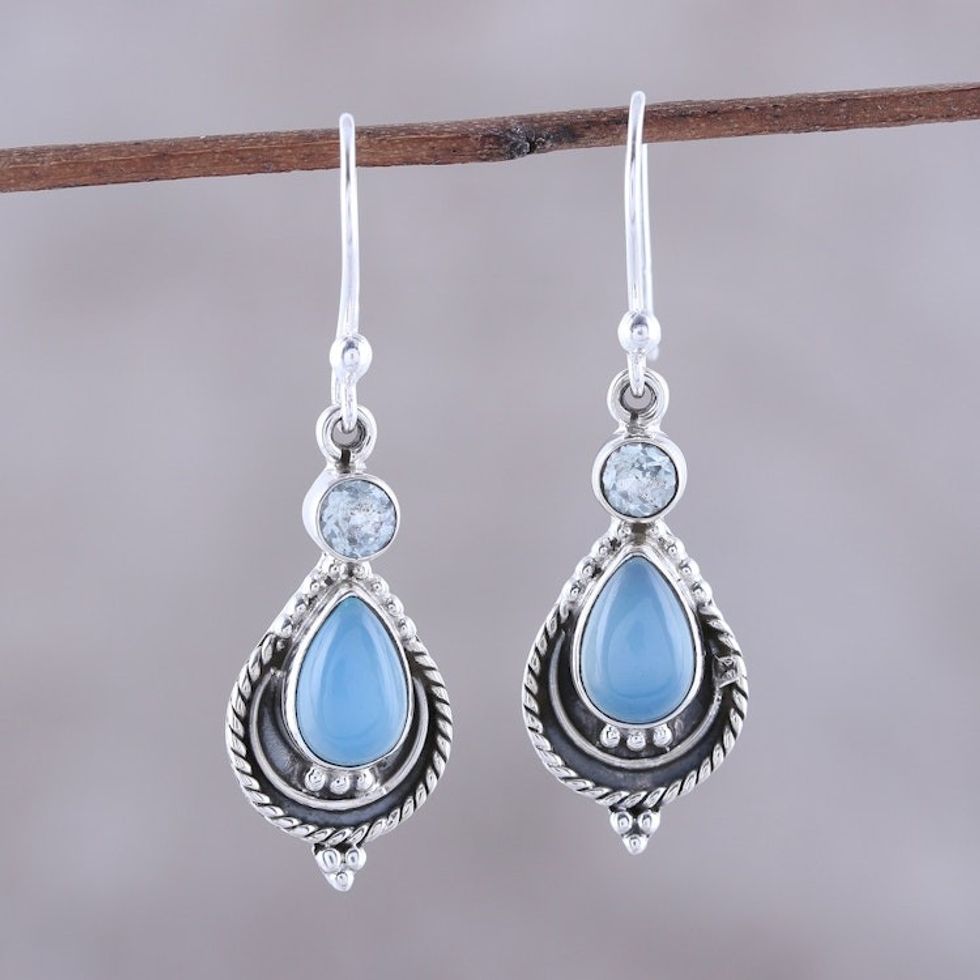 Chalcedony and Blue Topaz Dangle Earrings from India 'Sky Fascination'