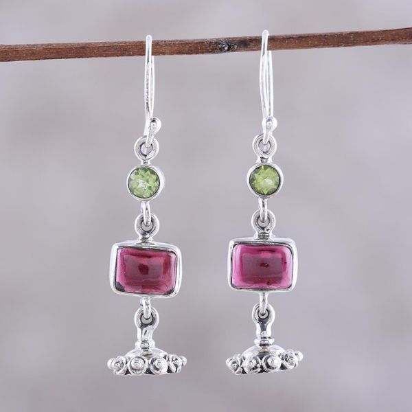 Alternate image for Garnet and Peridot Jhumki Dangle Earrings from India Magnificent Jhumki