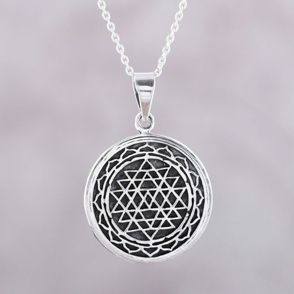 Intersecting Triangles Sterling Silver Pendant Necklace 'Shri Yantra Mantra'