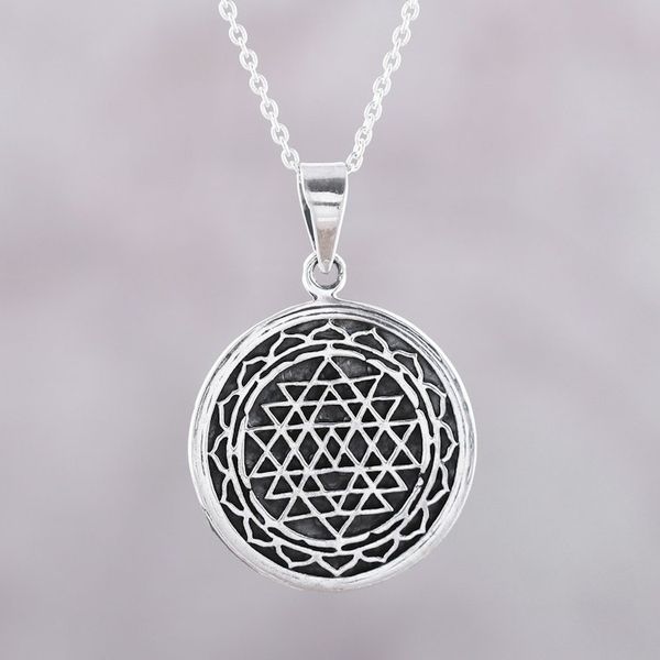 Alternate image for Intersecting Triangles Sterling Silver Pendant Necklace Shri Yantra Mantra