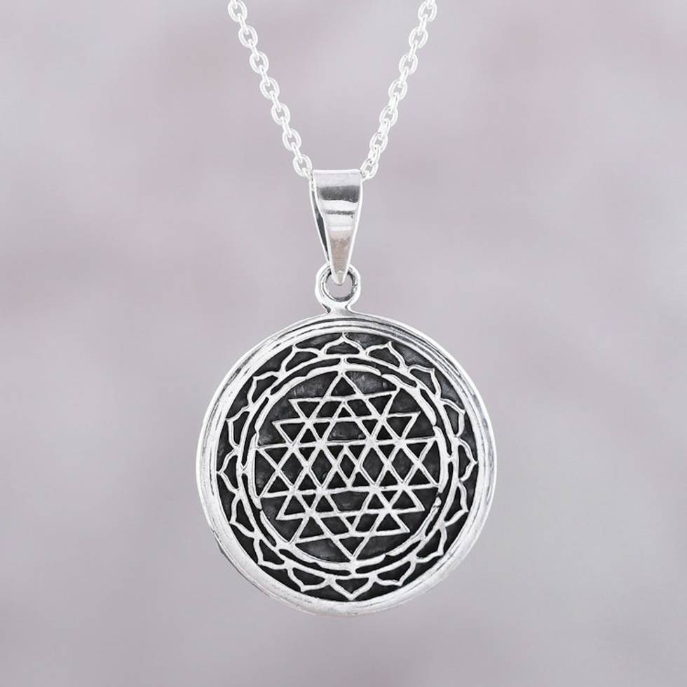 Intersecting Triangles Sterling Silver Pendant Necklace 'Shri Yantra Mantra'