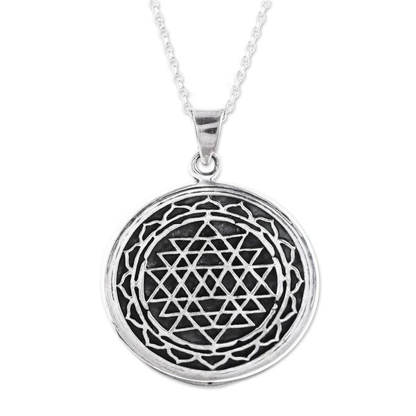 Alternate image for Intersecting Triangles Sterling Silver Pendant Necklace Shri Yantra Mantra