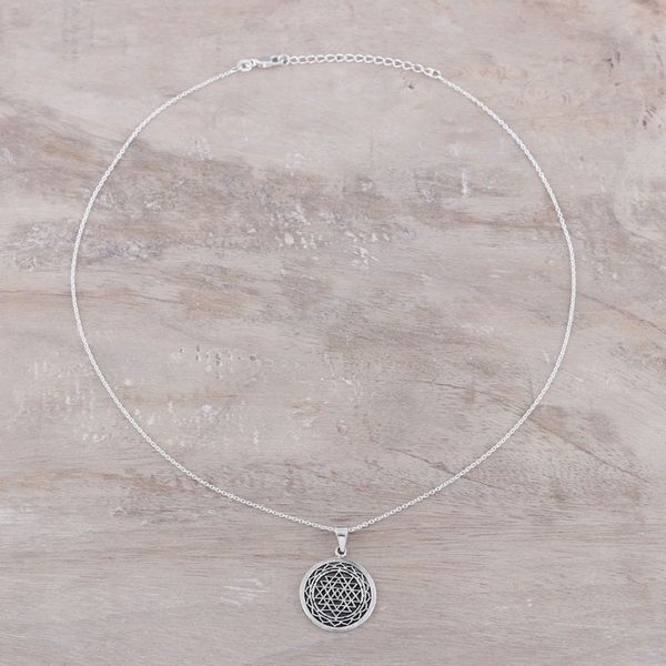 Alternate image for Intersecting Triangles Sterling Silver Pendant Necklace Shri Yantra Mantra