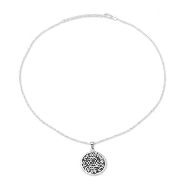 Alternate image for Intersecting Triangles Sterling Silver Pendant Necklace Shri Yantra Mantra