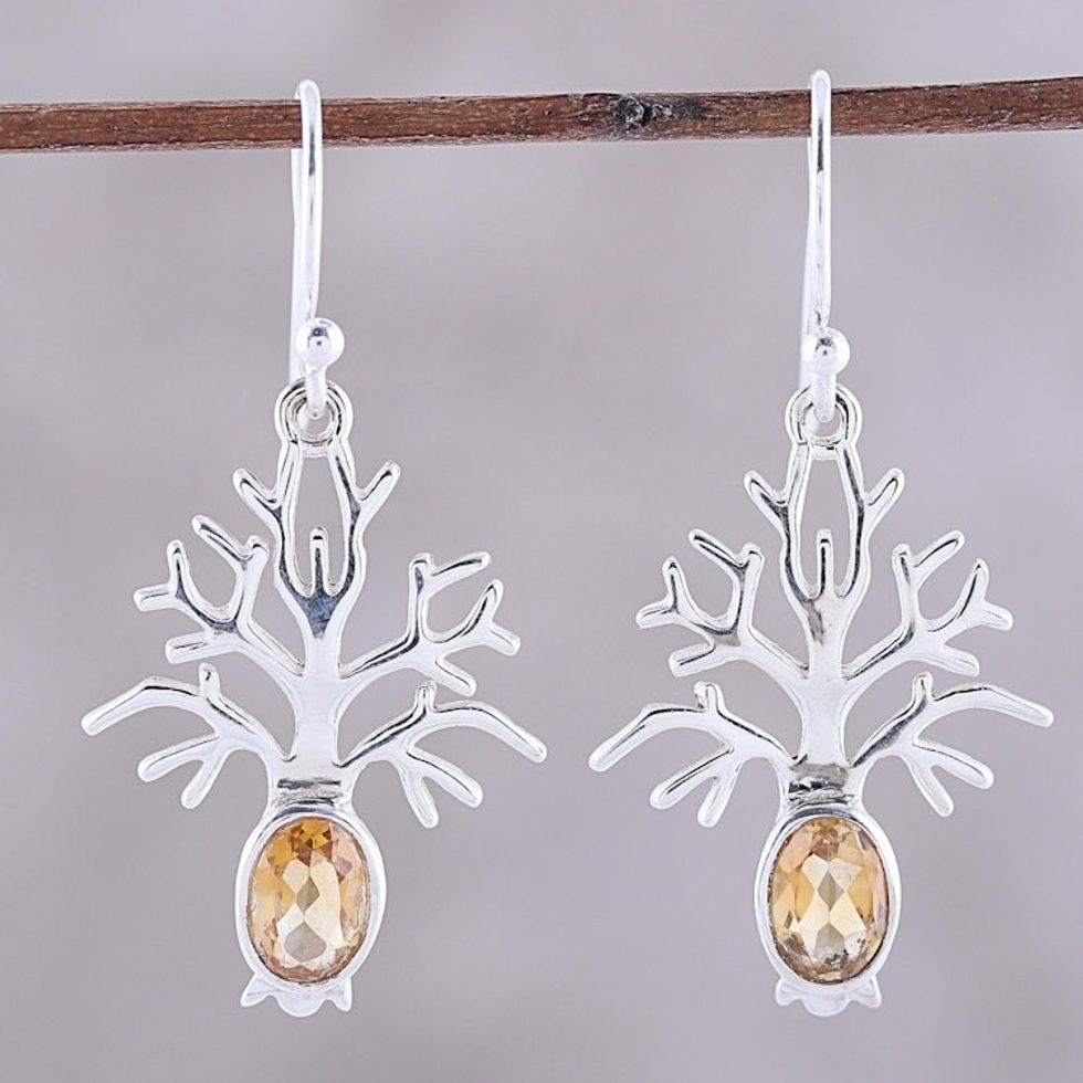 Tree-Shaped Citrine Dangle Earrings from India 'Budding Tree'