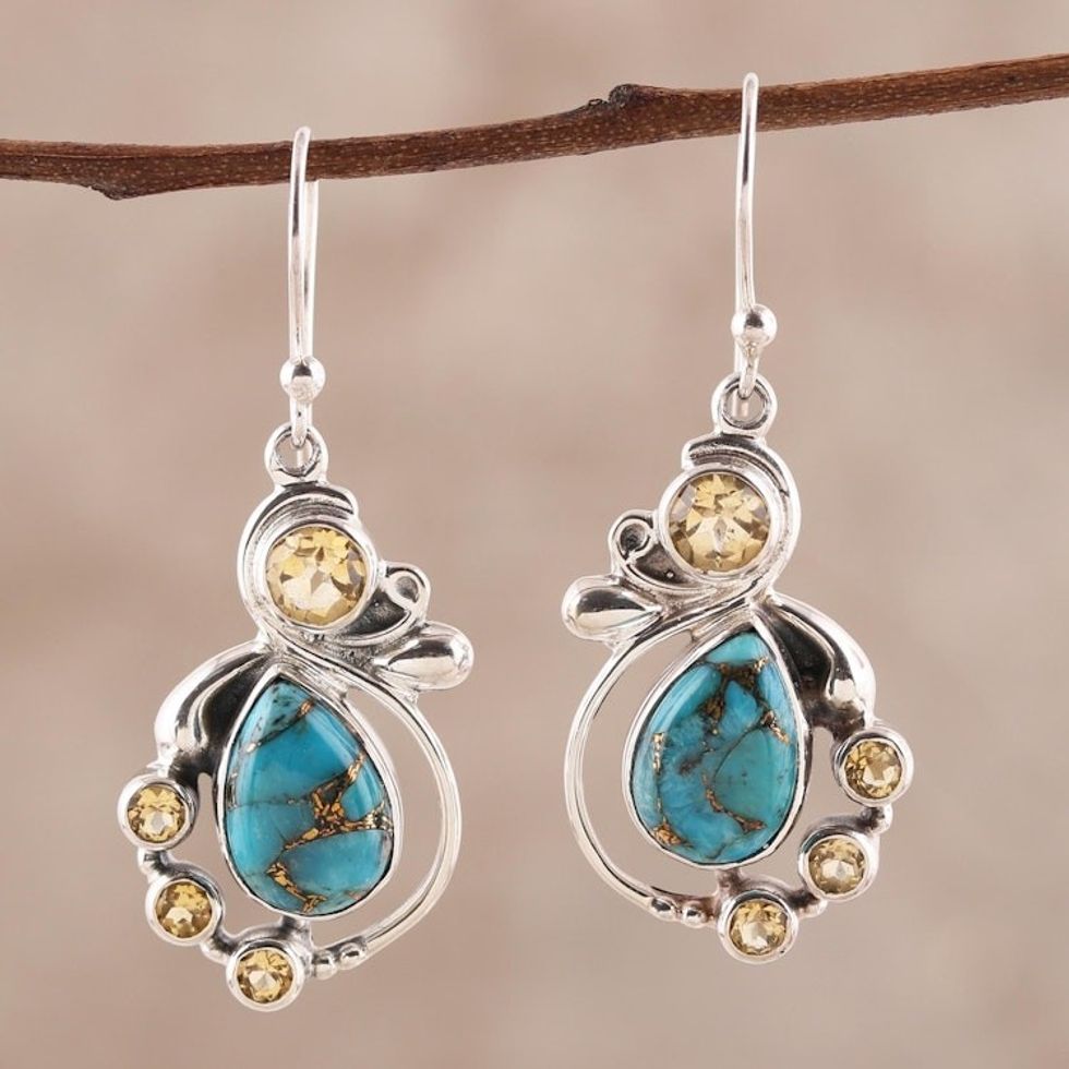 Citrine and Composite Turquoise Dangle Earrings from India 'Exquisite'