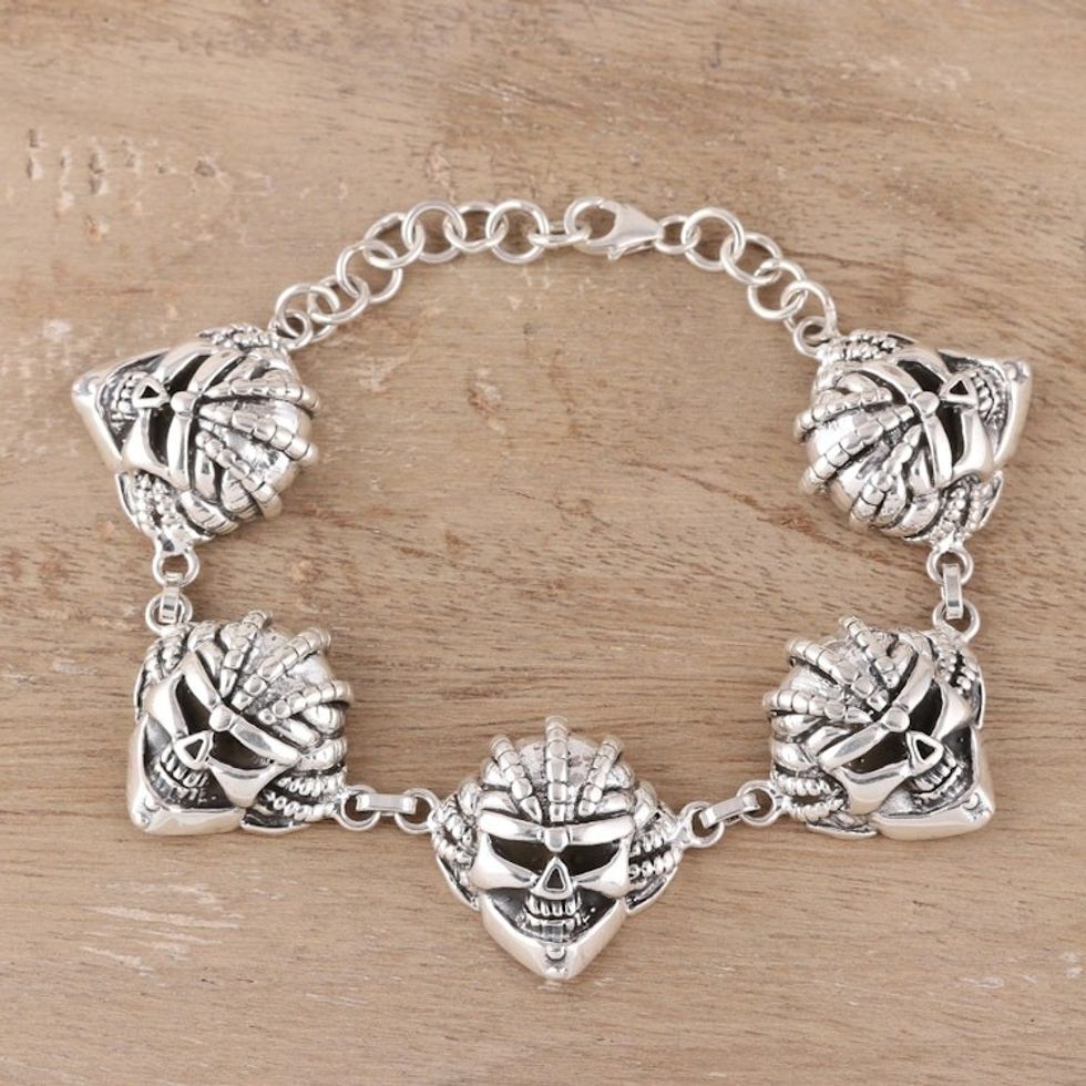 Men's Sterling Silver Skull Link Bracelet Crafted in India 'Skull Grin'
