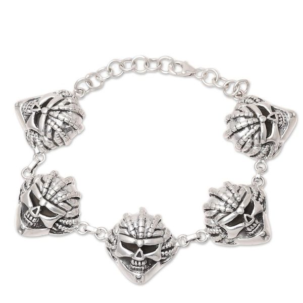 Alternate image for Mens Sterling Silver Skull Link Bracelet Crafted in India Skull Grin