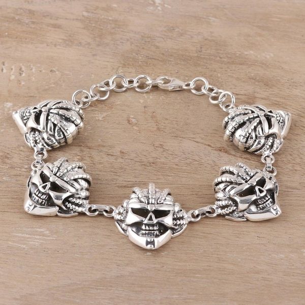 Alternate image for Mens Sterling Silver Skull Link Bracelet Crafted in India Skull Grin