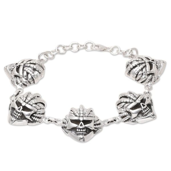 Alternate image for Mens Sterling Silver Skull Link Bracelet Crafted in India Skull Grin