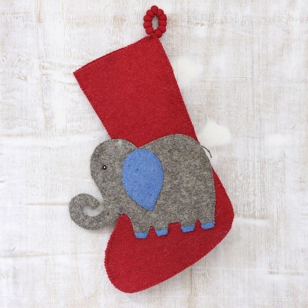 Alternate image for Red Elephant Motif Christmas Stocking from India Holiday Elephant in Grey