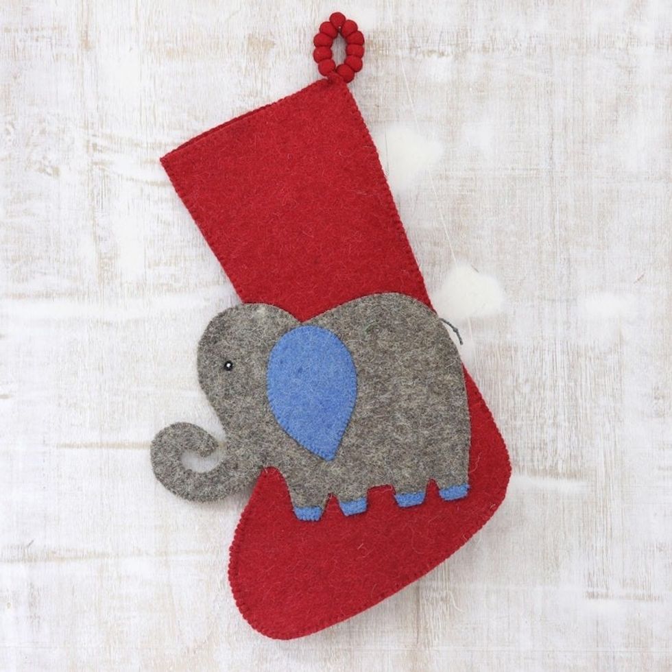 Red Elephant Motif Christmas Stocking from India 'Holiday Elephant in Grey'