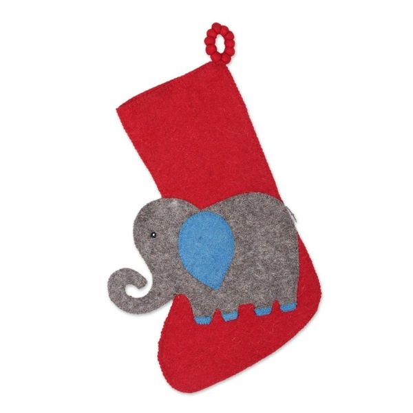 Alternate image for Red Elephant Motif Christmas Stocking from India Holiday Elephant in Grey