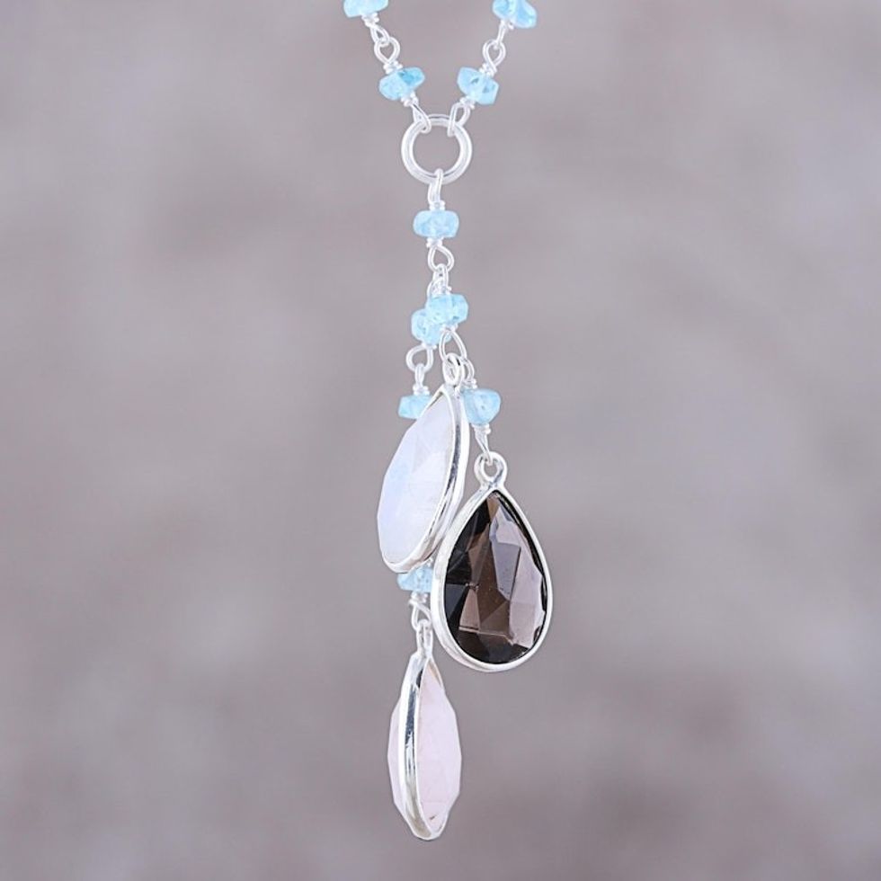 Multi-Gemstone and Sterling Silver Link Pendant Necklace 'Dawn Dew'