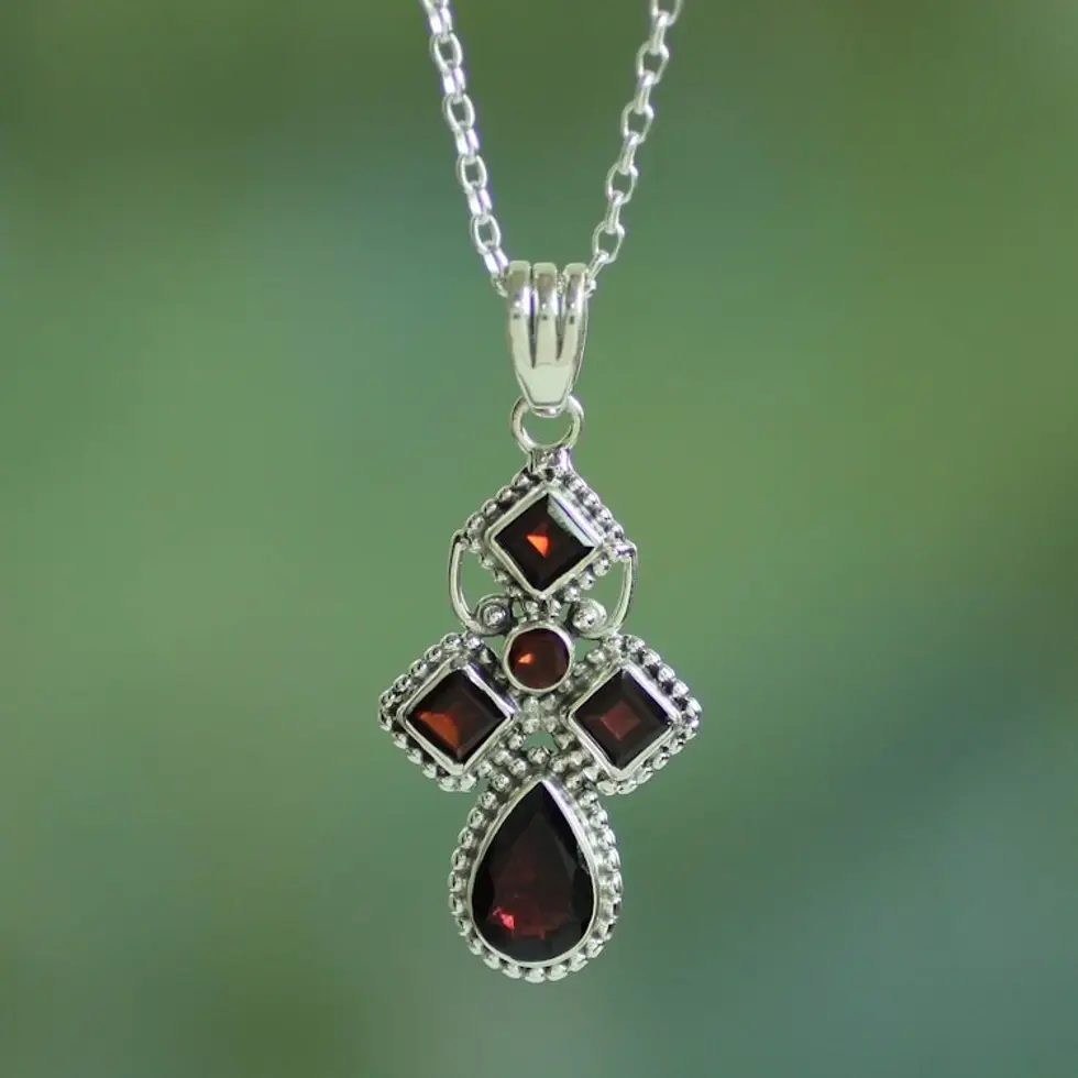 Hand Crafted Garnet and Sterling Silver Pendant Necklace 'Geometric Illusions in Crimson'
