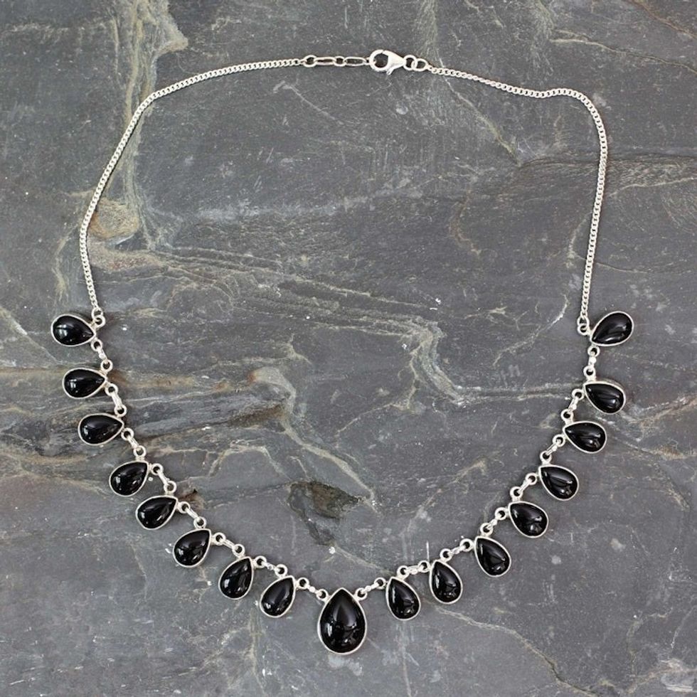 Indian Onyx and Sterling Silver Hand Crafted Necklace 'Midnight Raindrops'