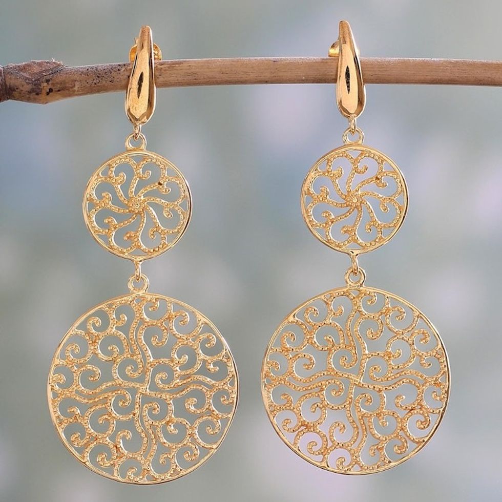 22k Gold Plated Sterling Silver Dangle Earrings from India 'Golden Waves'