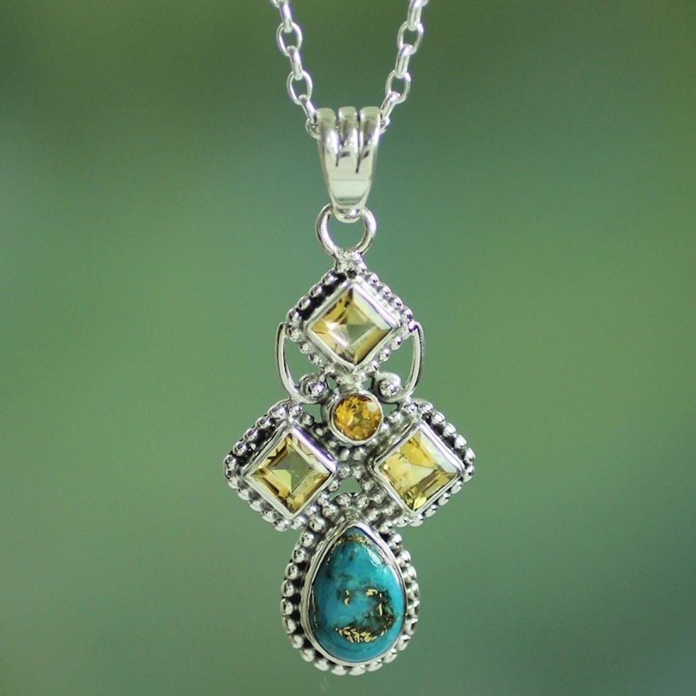 Citrine and Composite Turquoise Sterling Silver Necklace 'Geometric Illusions in Yellow'