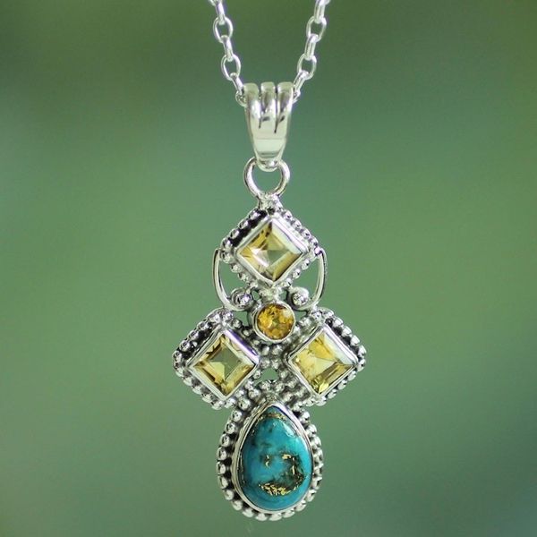 Alternate image for Citrine and Composite Turquoise Sterling Silver Necklace Geometric Illusions in Yellow