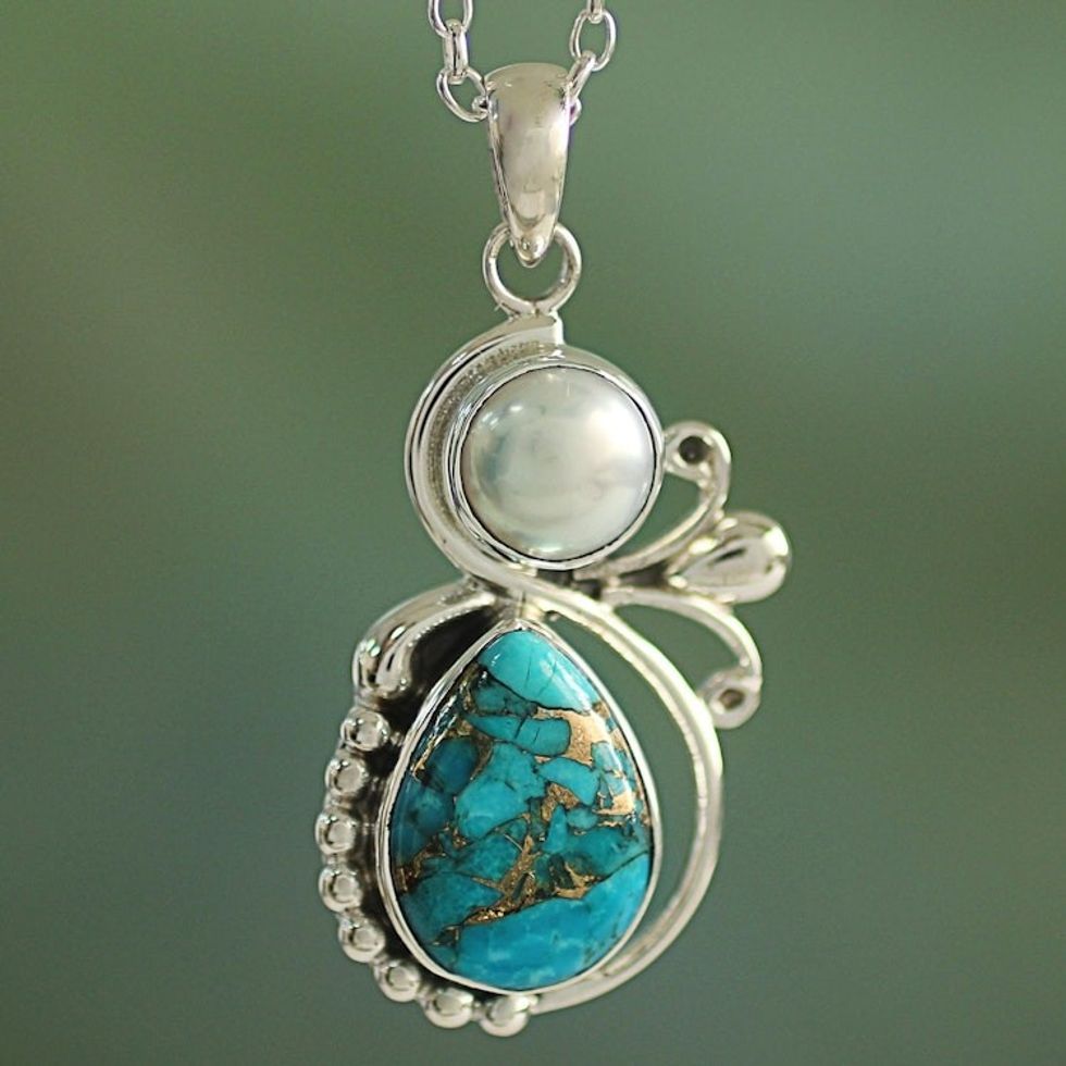 Cultured Pearl and Composite Turquoise Silver 925 Necklace 'Joyous Blue Sky'