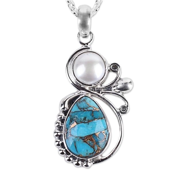 Alternate image for Cultured Pearl and Composite Turquoise Silver 925 Necklace Joyous Blue Sky