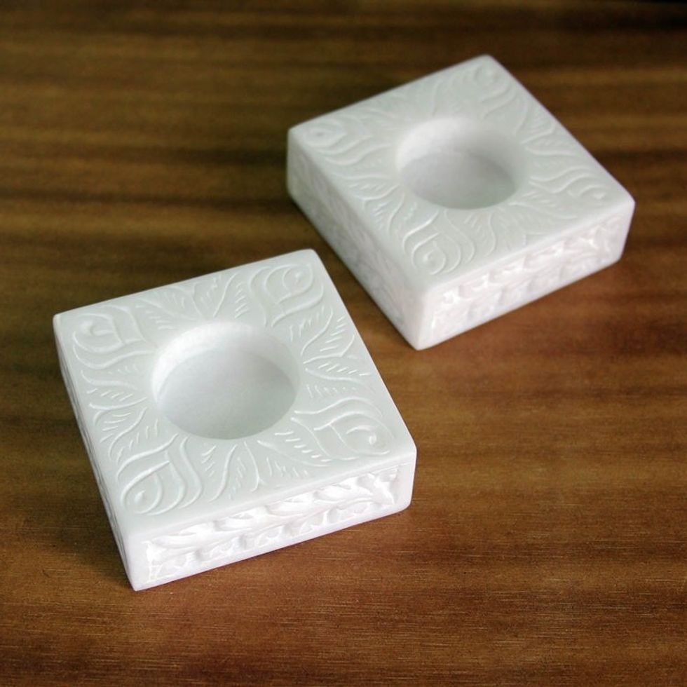 Square Marble Tealight Holder with Engraved Vines Pair 'White Garden'