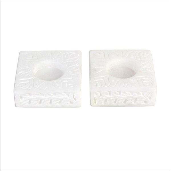Alternate image for Square Marble Tealight Holder with Engraved Vines Pair White Garden