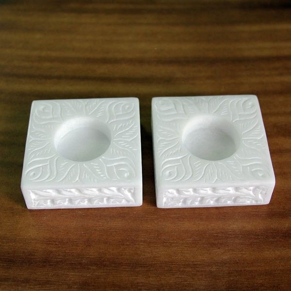 Alternate image for Square Marble Tealight Holder with Engraved Vines Pair White Garden