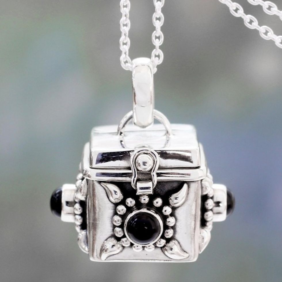 Square Prayer Box Pendant Necklace with Onyx 'Royal Prayer'