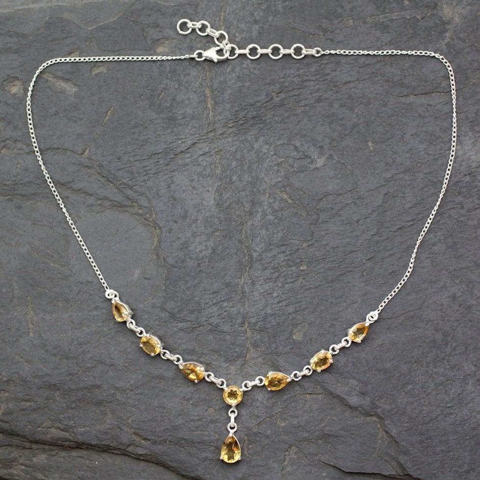 Fair Trade Handmade Citrine and 925 Silver Y Necklace 'Golden Princess'