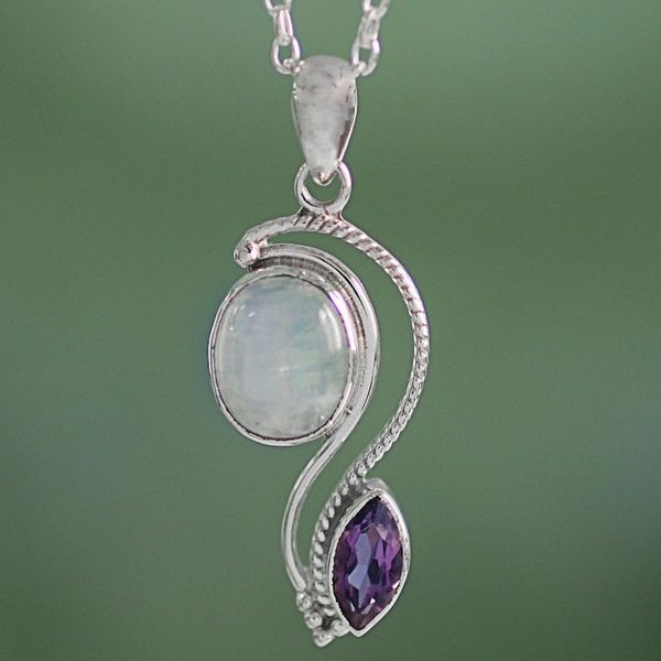 Alternate image for India Handcrafted Amethyst and Rainbow Moonstone Necklace Colorful Curves