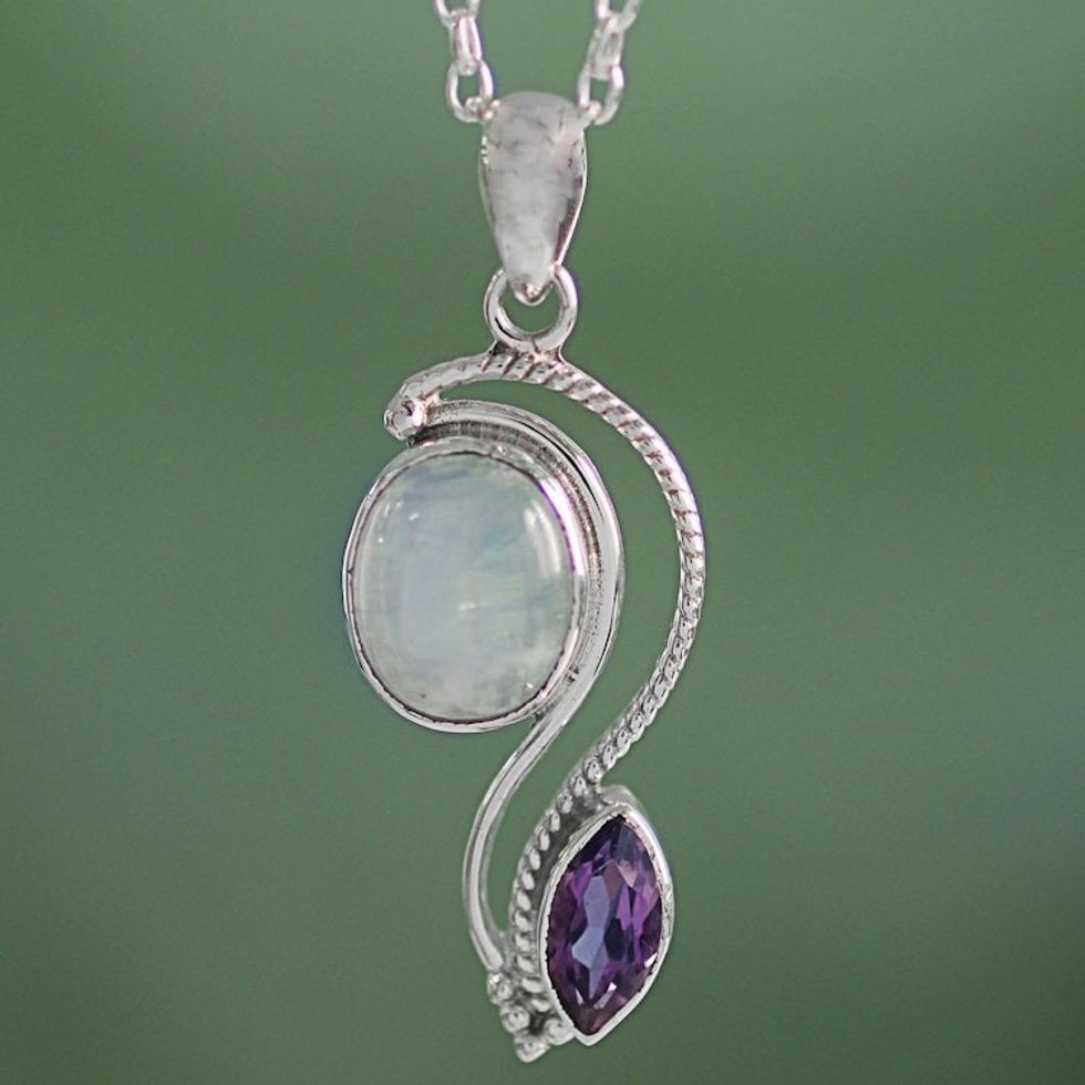 India Handcrafted Amethyst and Rainbow Moonstone Necklace 'Colorful Curves'