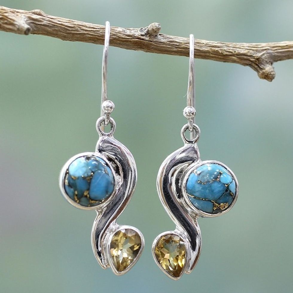 Citrine Composite Turquoise Dangle Earrings from India 'Sparkling Planet'