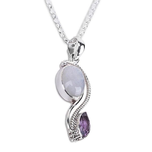 Alternate image for India Handcrafted Amethyst and Rainbow Moonstone Necklace Colorful Curves