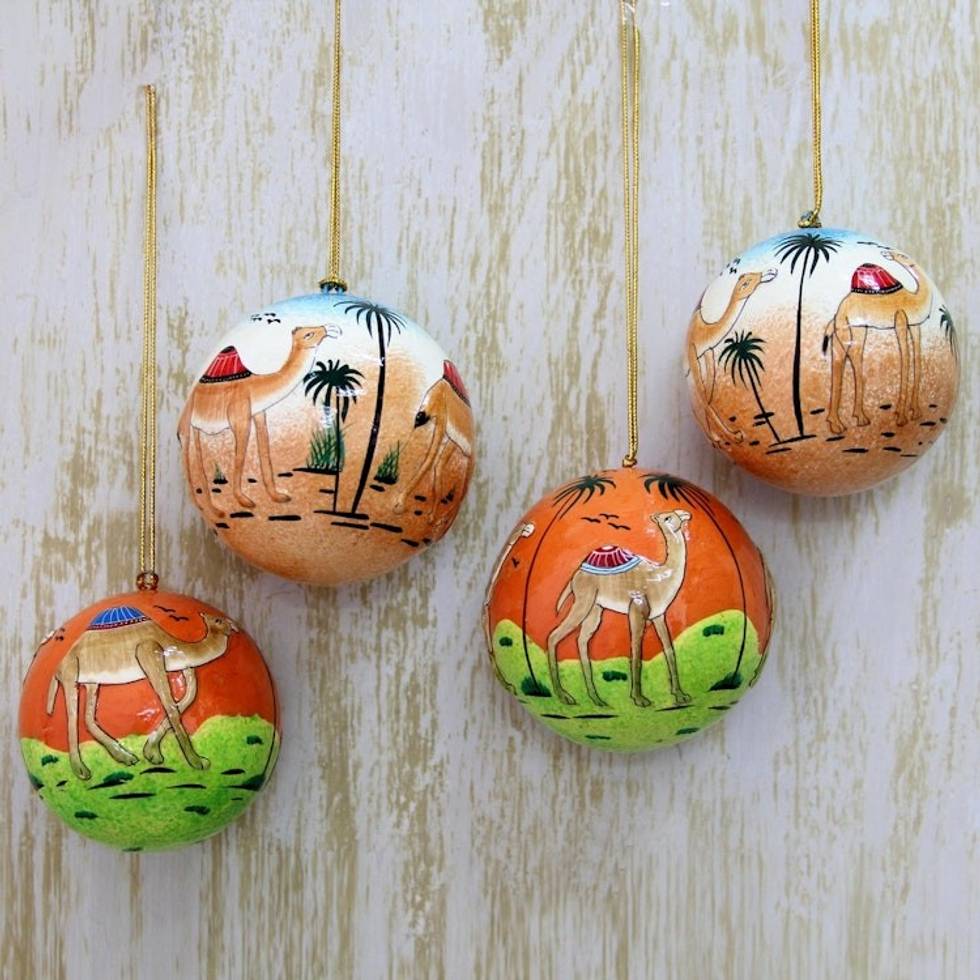 Handmade Papier Mache Round Camel Ornaments Set of 4 ''Wise Camels''