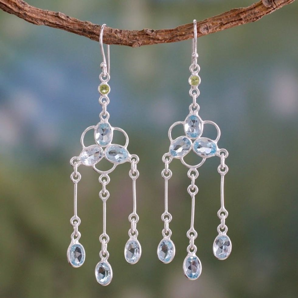 Blue Topaz and Peridot Silver Chandelier Earrings 'Midsummer Light'